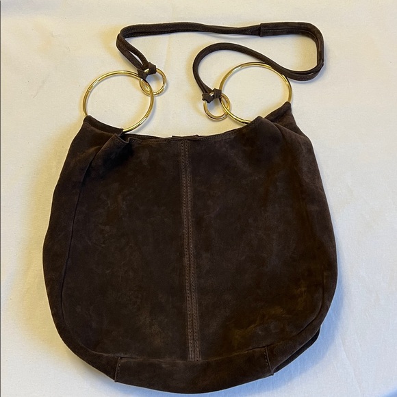 Claudia Firenze Handbags - Claudia Firenze Suede Crossbody Slouchy Hobo Tote Bag Chocolate Brown Gold Ring